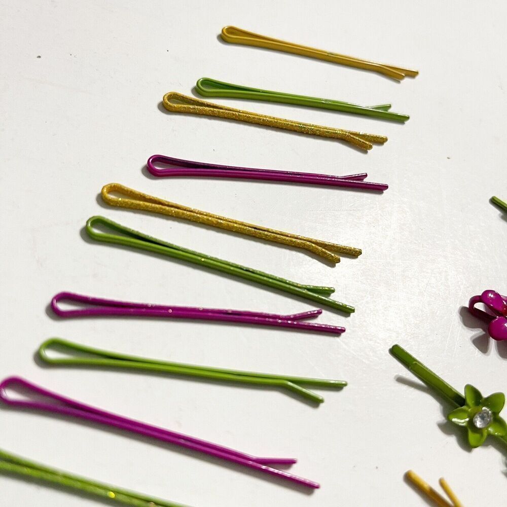 Vintage Lot of 24 Metal Bobby Pins Colorful Rhinestone Glitter Pink Green Yellow - Picture 7 of 16